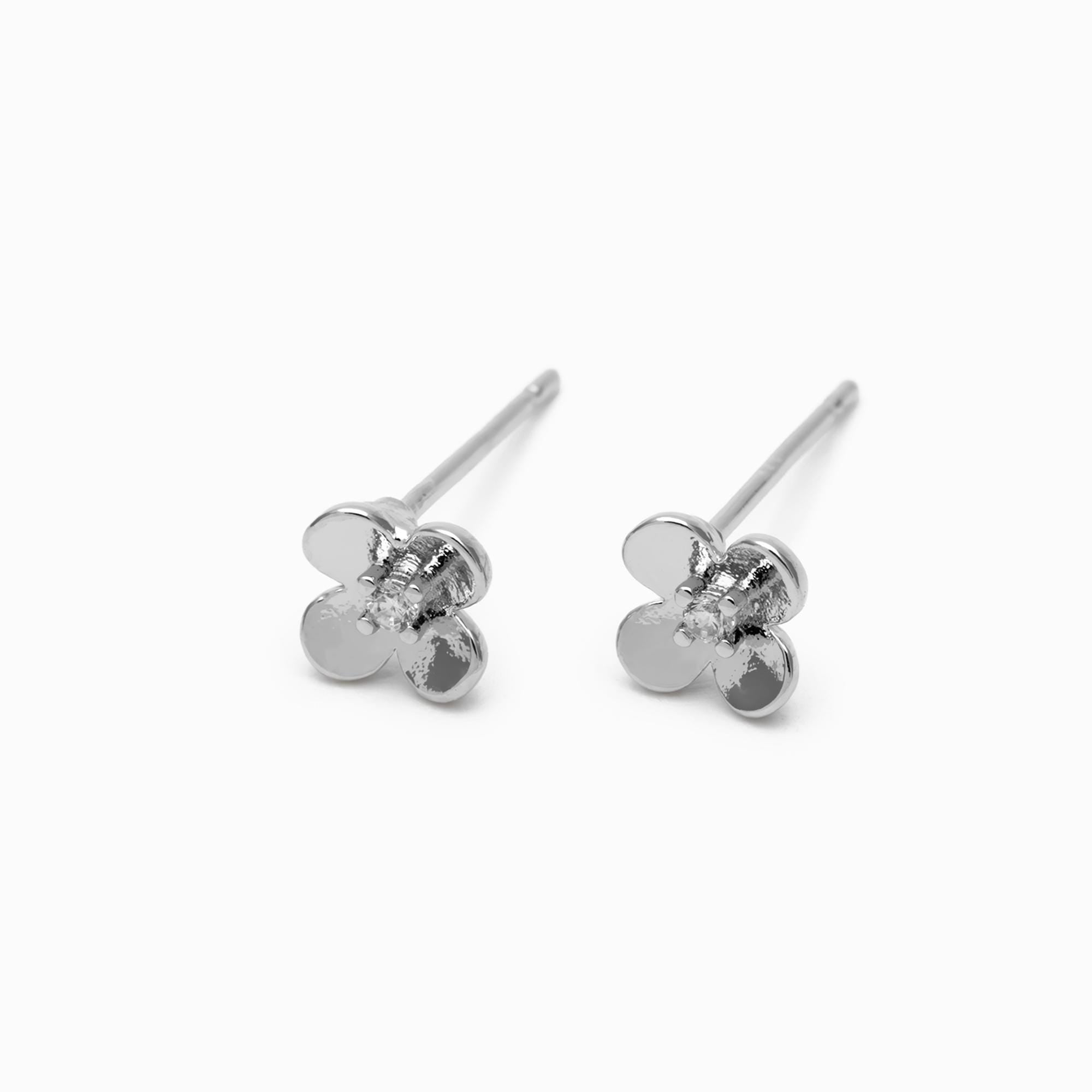 10pcs CZ Pave Gold/ Silver Flower Earrings 6mm, 18K Gold/ Rhodium plated Brass, Floral Stud Earrings (GB-4453)